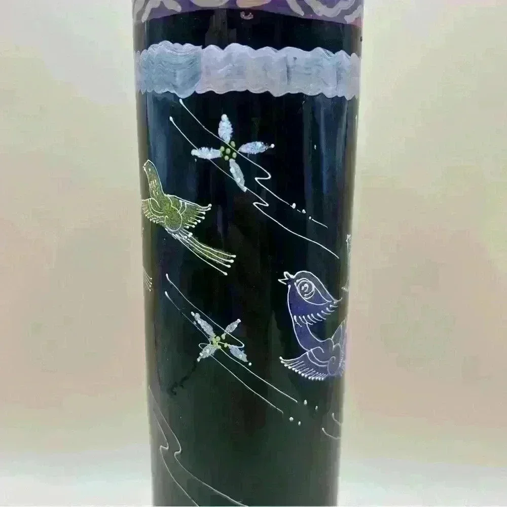 Wooden Hand Painted Black Tube Vase 10” Tall Brids Fine Craft Decor